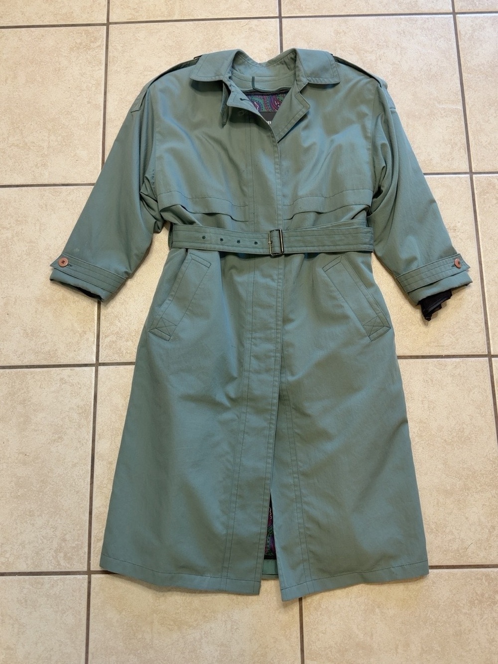 Vintage London Fog Sage Green Belted Trench Coat 4 Petite USA Paisley Liner - Picture 2 of 11